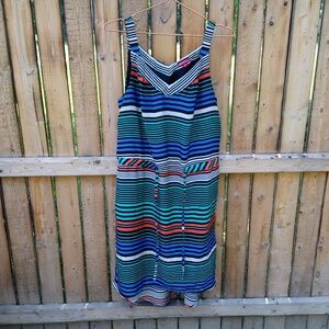 Striped Multi Color Boho Flowy Vneck Drawstring Tie Front Women's Dress Pockets